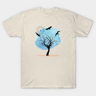 The sun watching the dead tree and depressed birds T-Shirt